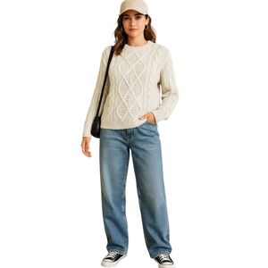Womens Fisherman Sweater Chunky Cable Knit Pullover Cream Small Preppy Cozycore